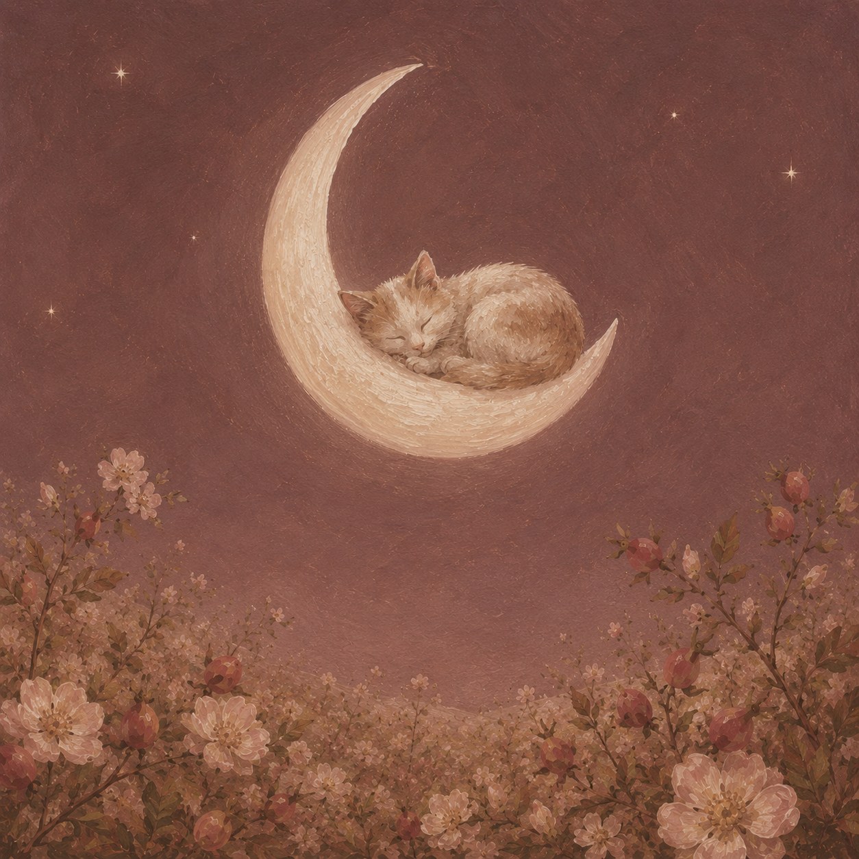 A cat curled asleep on a crescent moon above a field of rosehip