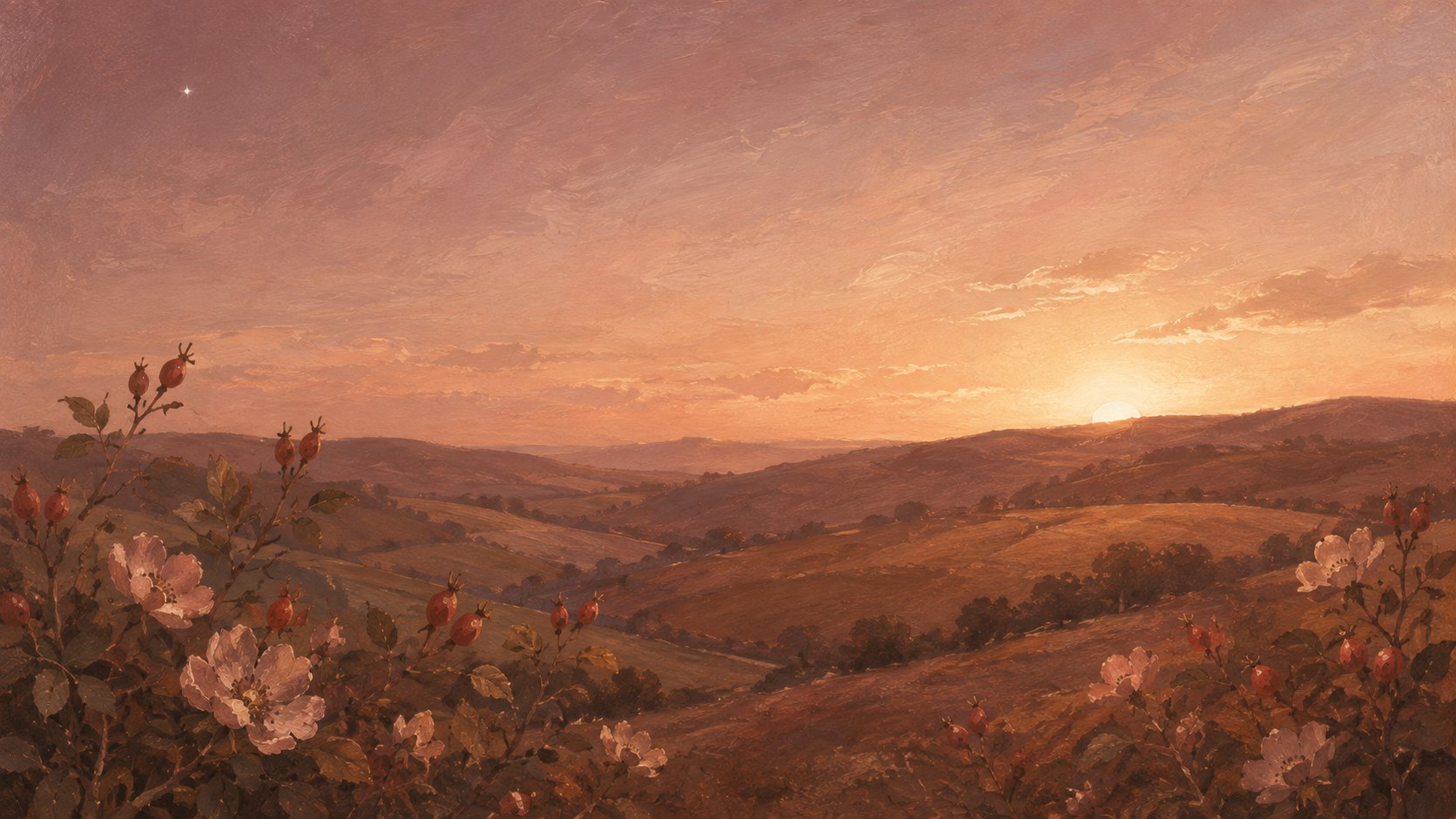 Dawn breaking over rosehip hills