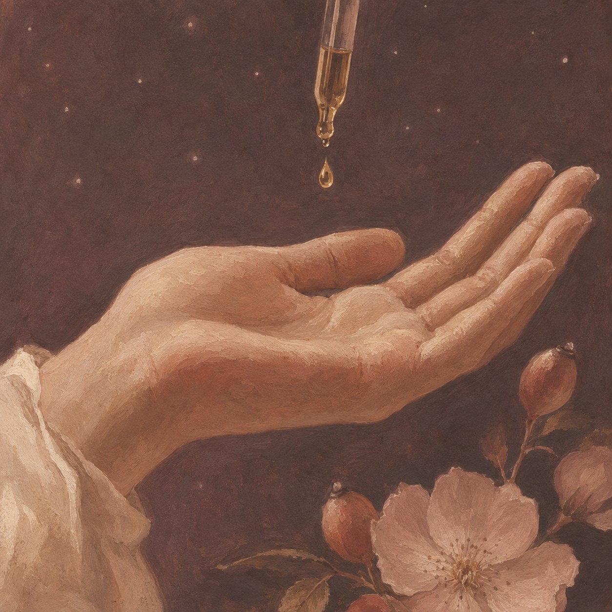 An open hand receiving a single drop of golden oil under moonlight