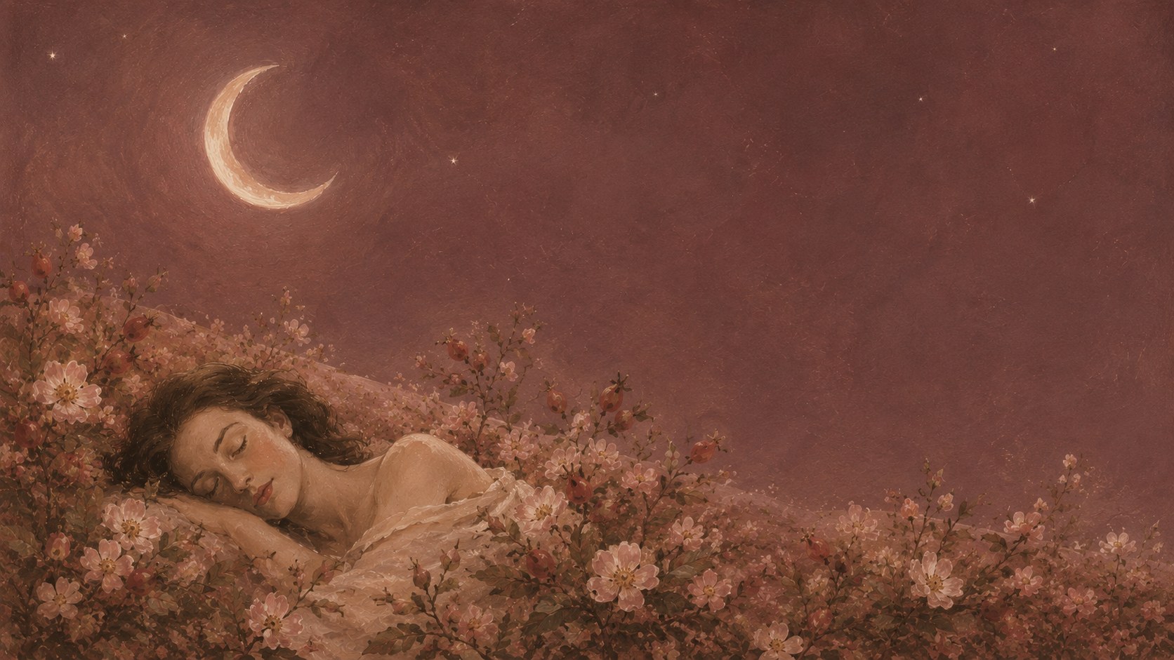 A woman sleeping peacefully in a field of rosehip beneath a crescent moon