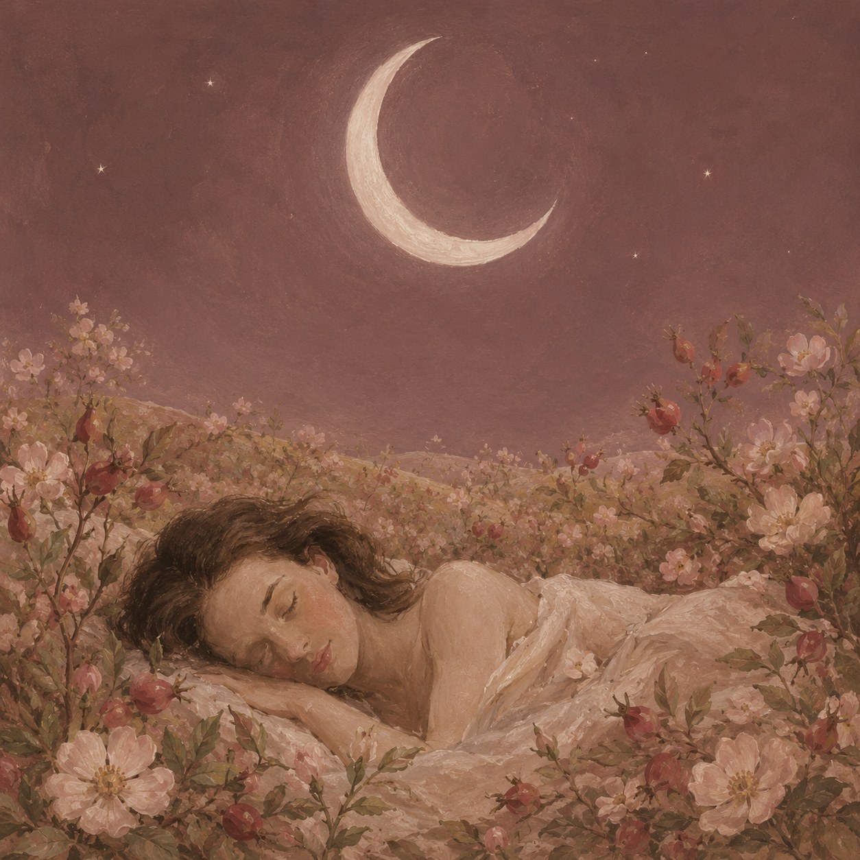 A woman asleep in a field of rosehip beneath a crescent moon