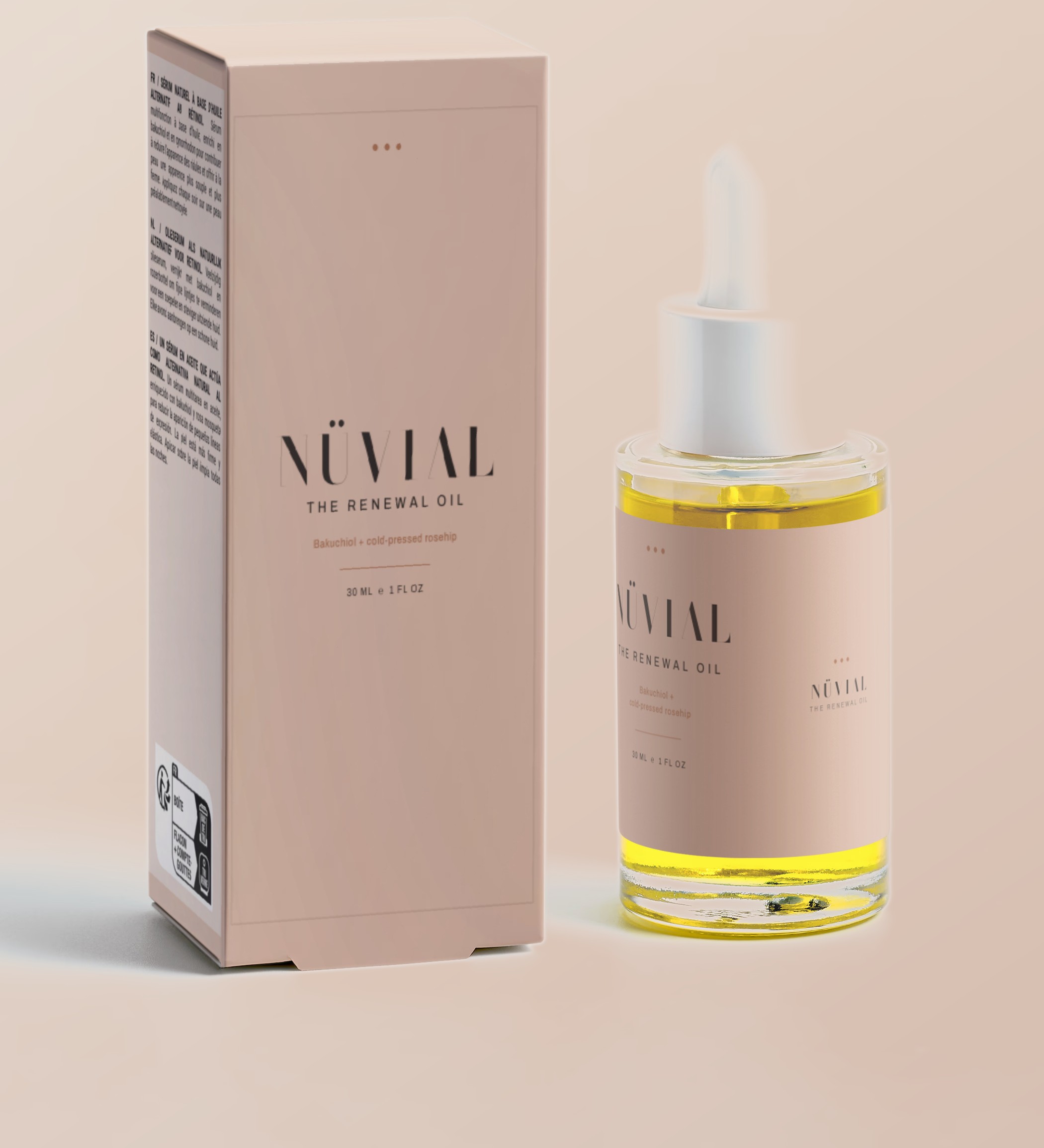 The NÜVIAL Renewal Oil — carton and 30ml dropper bottle