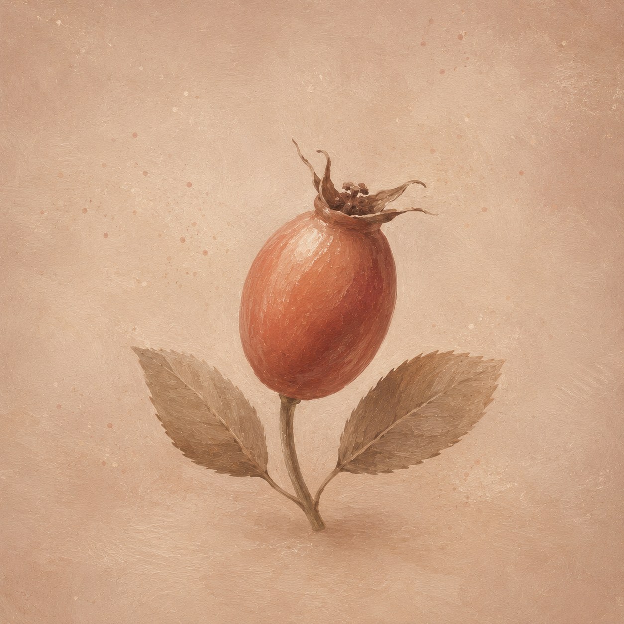 A single rosehip fruit painted as a botanical study