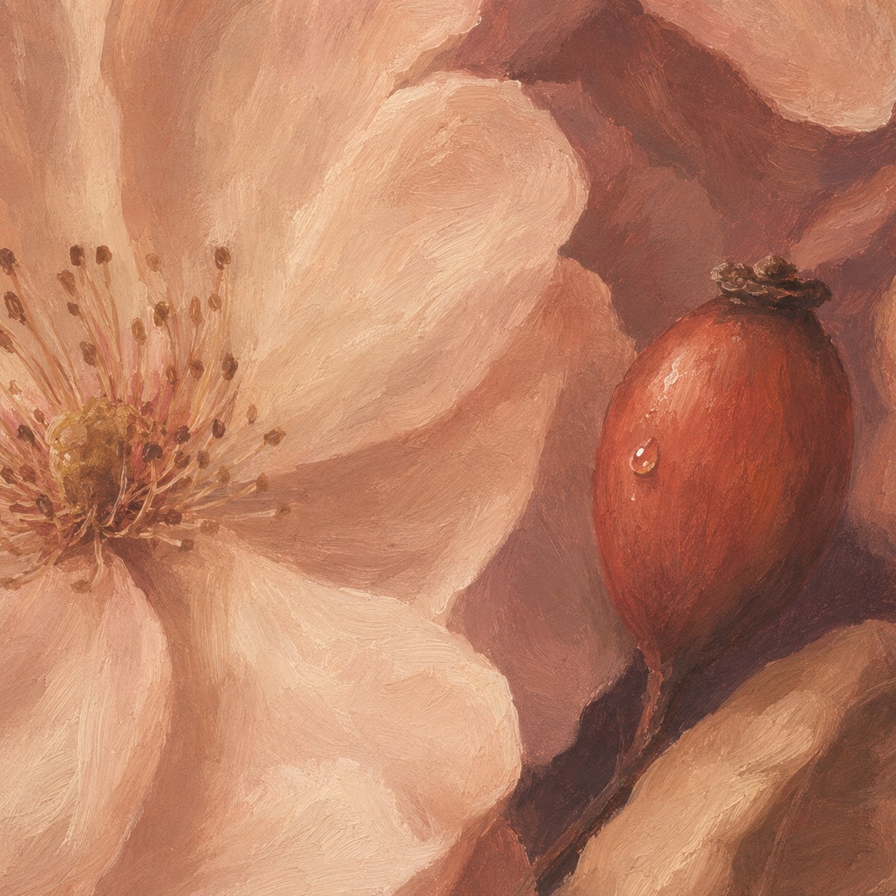 Close study of dog-rose petals and a rosehip